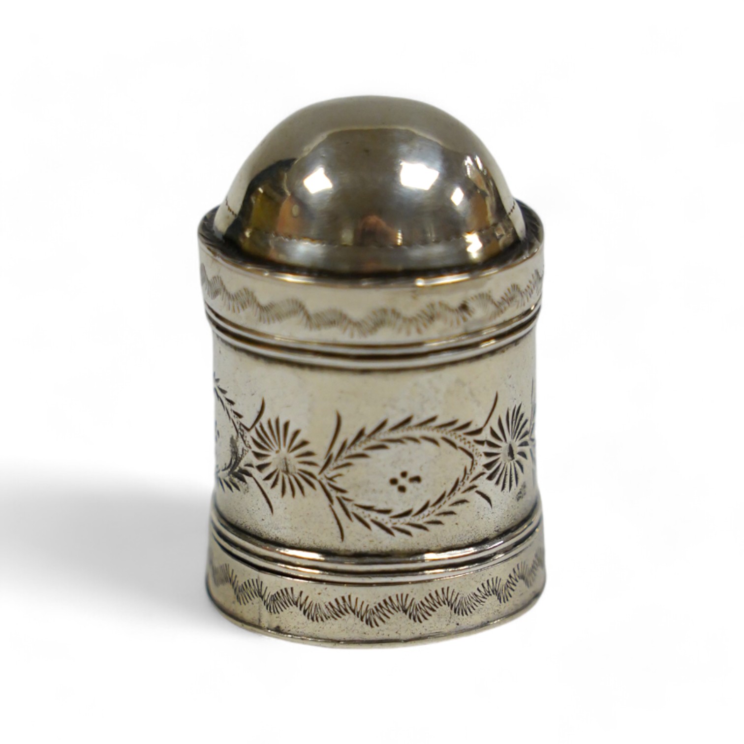 A George III engraved silver dome topped nutmeg grater, by Samuel Pemberton, Birmingham, 1796, 32mm. Condition - fair